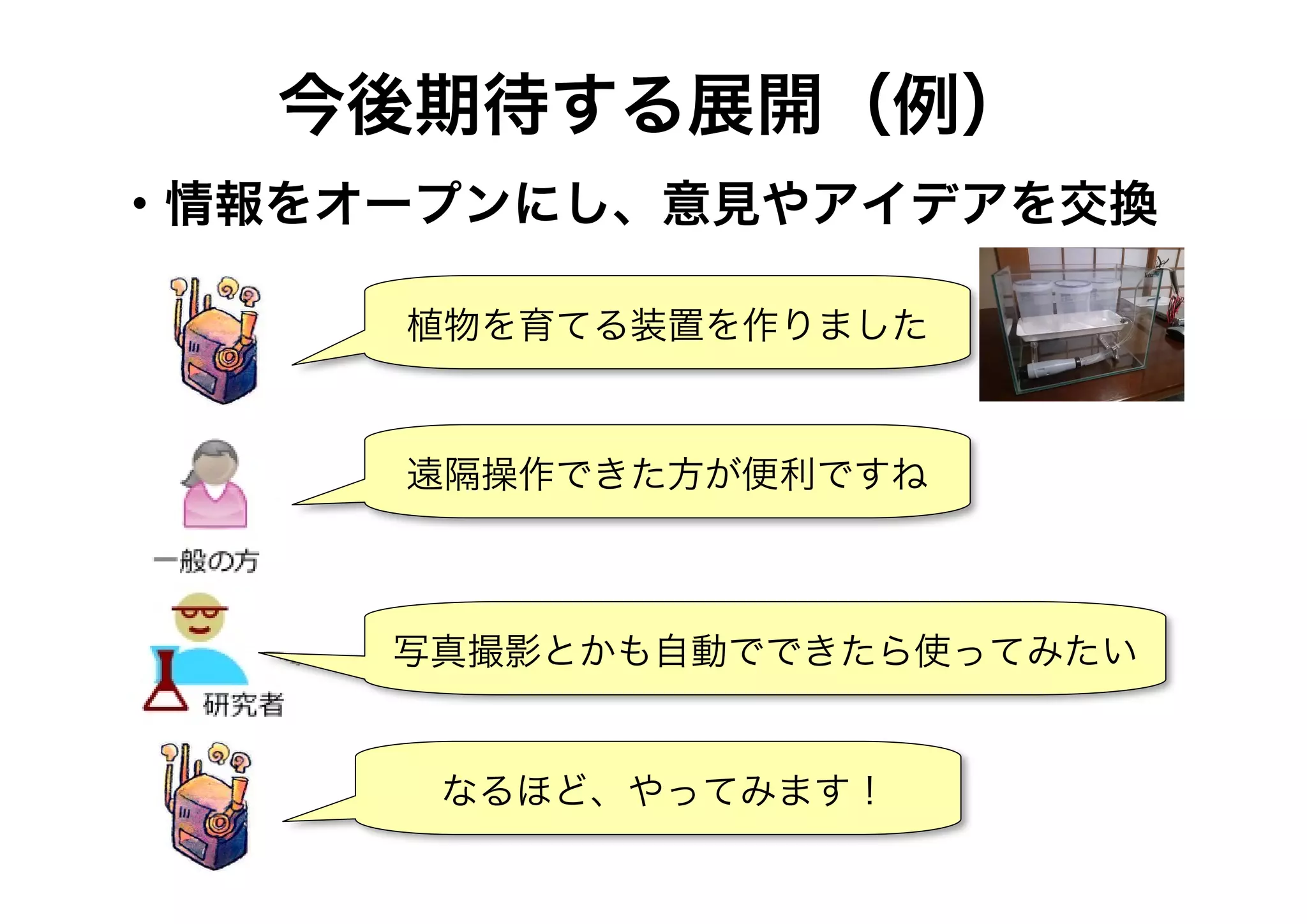 今後期待する展開（例）
・情報をオープンにし、意見やアイデアを交換
植物を育てる装置を作りました

遠隔操作できた方が便利ですね

写真撮影とかも自動でできたら使ってみたい

なるほど、やってみます !

 