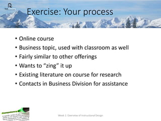 • Online course
• Business topic, used with classroom as well
• Fairly similar to other offerings
• Wants to “zing” it up
...