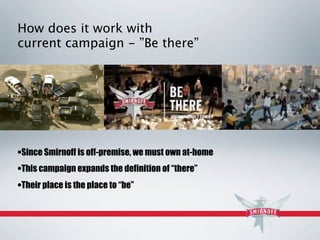 How does it work with
current campaign - ”Be there”




•Since Smirnoff is off-premise, we must own at-home
•This campaign expands the definition of “there”
•Their place is the place to “be”
 