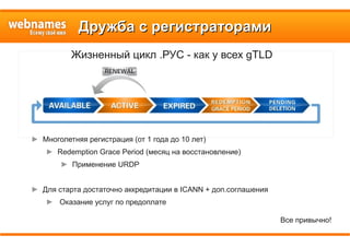 Дружба с регистраторамиДружба с регистраторами
► Многолетняя регистрация (от 1 года до 10 лет)
► Redemption Grace Period (месяц на восстановление)
► Применение URDP
► Для старта достаточно аккредитации в ICANN + доп.соглашения
► Оказание услуг по предоплате
Жизненный цикл .РУС - как у всех gTLD
Все привычно!
 