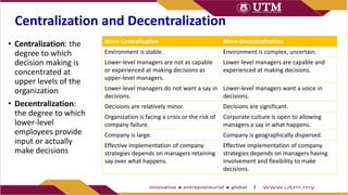 Centralization and Decentralization
• Centralization: the
degree to which
decision making is
concentrated at
upper levels ...