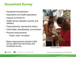 Household Survey
• Household characteristics
• Expenditure and health expenditure
• Impacts of COVID-19
• Health service utilization (women and
children)
• Family planning, reproductive history
• Child health, breastfeeding, immunization
• Physical measurements
o Weight, height, hemoglobin
• Belize measurement included LQAS
survey rather than full census and
household survey
Honduras, May 2017
 