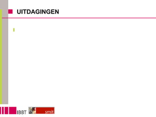 UITDAGINGEN Nood aan paradigmashift en concrete visie binnen erfgoedsector betreffende digitale mogelijkheden Nood aan reflectie betreffende de wijze waarop een individuele instelling kan interageren met deze digitale mogelijkheden DUS: Interactie hoeft niet per se plaats te vinden, maar men dient wel te reflecteren over wat het meest geschikt is om te doen of om niet te doen DIT BETEKENT: rekening houden met mogelijke knelpunten alsook uitdenken van mogelijke oplossingen 