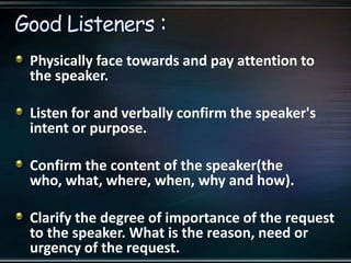 Physically face towards and pay attention to
the speaker.
Listen for and verbally confirm the speaker's
intent or purpose.
Confirm the content of the speaker(the
who, what, where, when, why and how).
Clarify the degree of importance of the request
to the speaker. What is the reason, need or
urgency of the request.
 