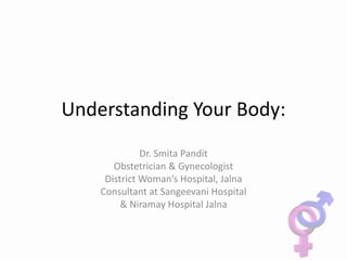 Understanding Your Body:
Dr. Smita Pandit
Obstetrician & Gynecologist
District Woman’s Hospital, Jalna
Consultant at Sangeevani Hospital
& Niramay Hospital Jalna
 