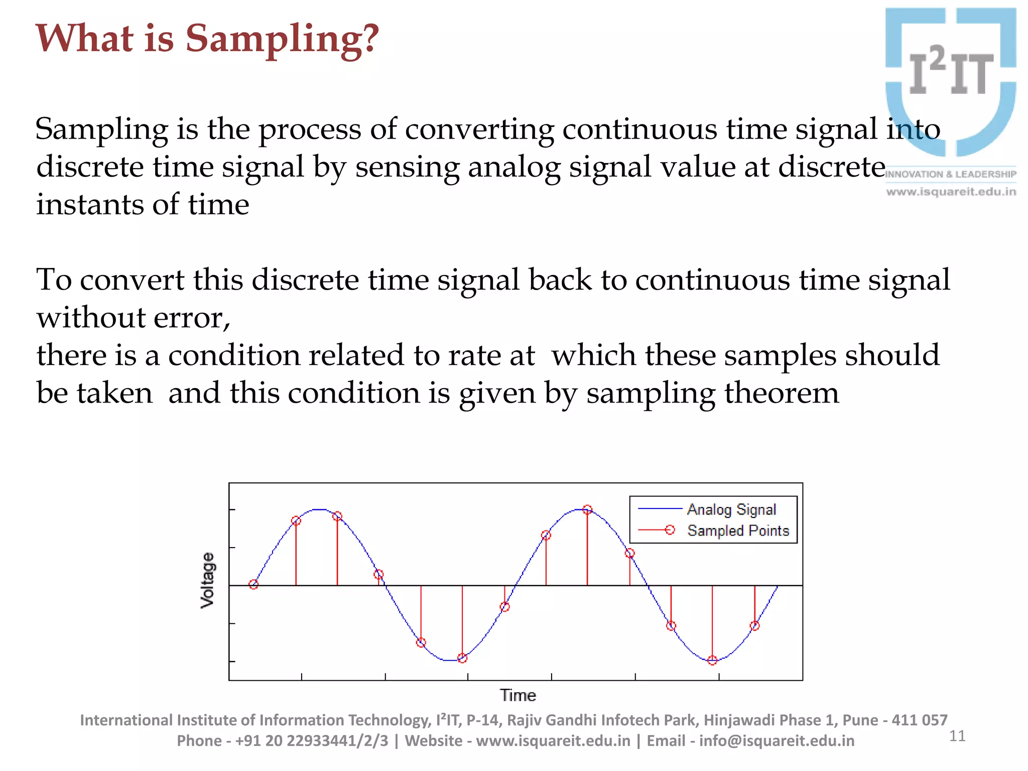 •
What is Sampling?
Sampling is the process of converting continuous time signal into
discrete time signal by sensing analog signal value at discrete
instants of time
To convert this discrete time signal back to continuous time signal
without error,
there is a condition related to rate at which these samples should
be taken and this condition is given by sampling theorem
11
International Institute of Information Technology, I²IT, P-14, Rajiv Gandhi Infotech Park, Hinjawadi Phase 1, Pune - 411 057
Phone - +91 20 22933441/2/3 | Website - www.isquareit.edu.in | Email - info@isquareit.edu.in
 