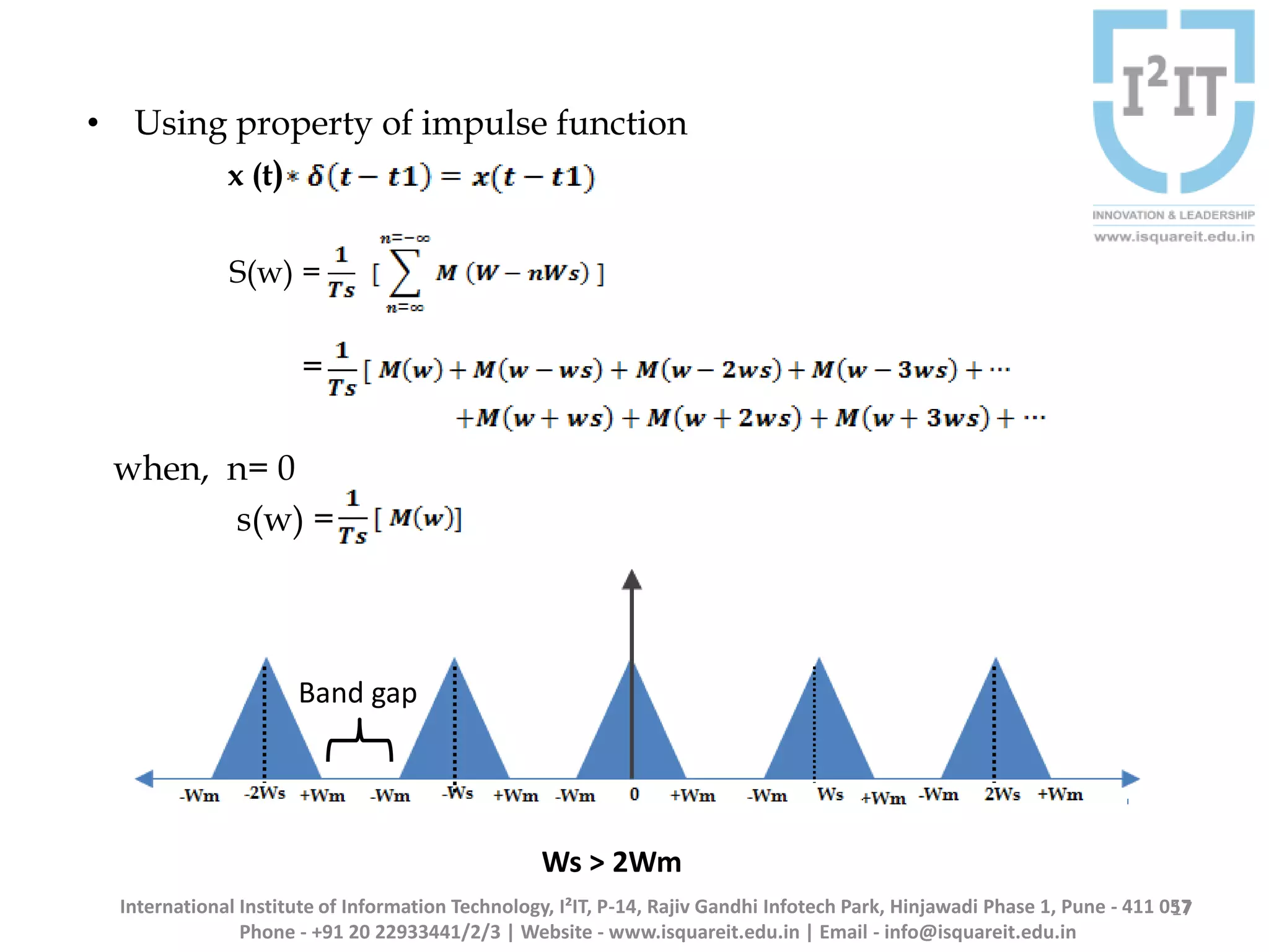 • Using property of impulse function
x (t)
S(w) =
=
when, n= 0
s(w) =
17
Ws > 2Wm
Band gap
International Institute of Information Technology, I²IT, P-14, Rajiv Gandhi Infotech Park, Hinjawadi Phase 1, Pune - 411 057
Phone - +91 20 22933441/2/3 | Website - www.isquareit.edu.in | Email - info@isquareit.edu.in
 