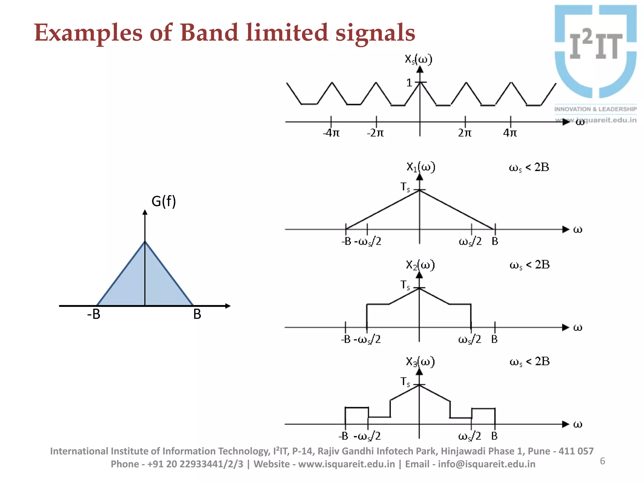 Examples of Band limited signals
6
International Institute of Information Technology, I²IT, P-14, Rajiv Gandhi Infotech Park, Hinjawadi Phase 1, Pune - 411 057
Phone - +91 20 22933441/2/3 | Website - www.isquareit.edu.in | Email - info@isquareit.edu.in
-B B
G(f)
 
