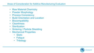 Areas of Consideration for Additive Manufacturing Evaluation
• Raw Material Chemistry
• Powder Morphology
• Process Consistency
• Build Orientation and Location
• Biocompatibility
• Cleanliness
• Sterilization
• Sintering / Particle Shedding
• Mechanical Properties
• Static
• Fatigue
• Tribology
 