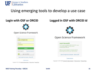 Login with OSF or ORCiD Logged in OSF with ORCiD id
NISO Training Thursday – 9/8/16 Smith 16
Using emerging tools to develop a use case
 
