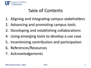 Table of Contents
1. Aligning and integrating campus stakeholders
2. Advancing and promoting campus tools
3. Developing an...
