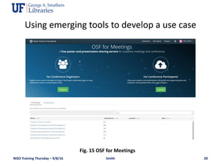 NISO Training Thursday – 9/8/16 Smith 20
Fig. 15 OSF for Meetings
Using emerging tools to develop a use case
 