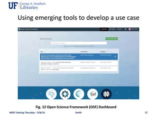 NISO Training Thursday – 9/8/16 Smith 17
Fig. 12 Open Science Framework (OSF) Dashboard
Using emerging tools to develop a ...