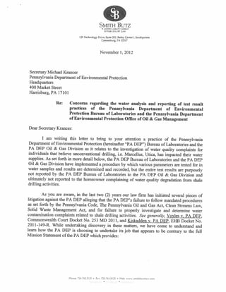Letter to PA DEP about Water Testing Practices with Regard to Shale Drilling