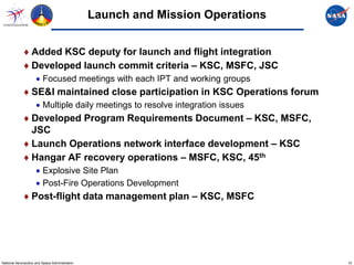 Launch and Mission Operations


             ♦ Added KSC deputy for launch and flight integration
             ♦ Developed launch commit criteria – KSC, MSFC, JSC
                     • Focused meetings with each IPT and working groups
             ♦ SE&I maintained close participation in KSC Operations forum
                     • Multiple daily meetings to resolve integration issues
             ♦ Developed Program Requirements Document – KSC, MSFC,
               JSC
             ♦ Launch Operations network interface development – KSC
             ♦ Hangar AF recovery operations – MSFC, KSC, 45th
                     • Explosive Site Plan
                     • Post-Fire Operations Development
             ♦ Post-flight data management plan – KSC, MSFC




National Aeronautics and Space Administration                                   15
 