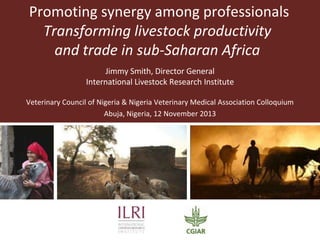 Promoting synergy among professionals
Transforming livestock productivity
and trade in sub-Saharan Africa
Jimmy Smith, Director General
International Livestock Research Institute
Veterinary Council of Nigeria & Nigeria Veterinary Medical Association Colloquium
Abuja, Nigeria, 12 November 2013

 