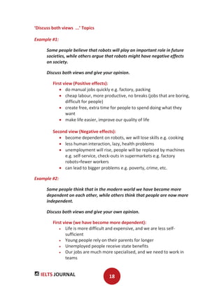 IELTS JOURNAL 18
‘Discuss both views ...’ Topics
Example #1:
Some people believe that robots will play an important role in future
societies, while others argue that robots might have negative effects
on society.
Discuss both views and give your opinion.
First view (Positive effects):
do manual jobs quickly e.g. factory, packing
cheap labour, more productive, no breaks (jobs that are boring,
difficult for people)
create free, extra time for people to spend doing what they
want
make life easier, improve our quality of life
Second view (Negative effects):
become dependent on robots, we will lose skills e.g. cooking
less human interaction, lazy, health problems
unemployment will rise, people will be replaced by machines
e.g. self-service, check-outs in supermarkets e.g. factory
robots=fewer workers
can lead to bigger problems e.g. poverty, crime, etc.
Example #2:
Some people think that in the modern world we have become more
dependent on each other, while others think that people are now more
independent.
Discuss both views and give your own opinion.
First view (we have become more dependent):
Life is more difficult and expensive, and we are less self-
sufficient
Young people rely on their parents for longer
Unemployed people receive state benefits
Our jobs are much more specialised, and we need to work in
teams
 