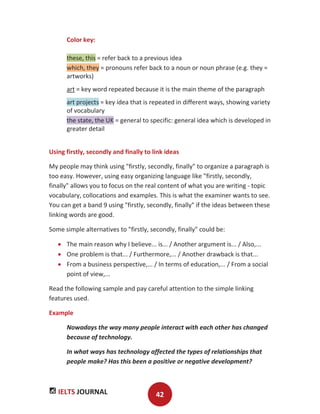 IELTS JOURNAL 42
Color key:
these, this = refer back to a previous idea
which, they = pronouns refer back to a noun or noun phrase (e.g. they =
artworks)
art = key word repeated because it is the main theme of the paragraph
art projects = key idea that is repeated in different ways, showing variety
of vocabulary
the state, the UK = general to specific: general idea which is developed in
greater detail
Using firstly, secondly and finally to link ideas
My people may think using "firstly, secondly, finally" to organize a paragraph is
too easy. However, using easy organizing language like "firstly, secondly,
finally" allows you to focus on the real content of what you are writing - topic
vocabulary, collocations and examples. This is what the examiner wants to see.
You can get a band 9 using "firstly, secondly, finally" if the ideas between these
linking words are good.
Some simple alternatives to "firstly, secondly, finally" could be:
The main reason why I believe... is... / Another argument is... / Also,...
One problem is that... / Furthermore,... / Another drawback is that...
From a business perspective,... / In terms of education,... / From a social
point of view,...
Read the following sample and pay careful attention to the simple linking
features used.
Example
Nowadays the way many people interact with each other has changed
because of technology.
In what ways has technology affected the types of relationships that
people make? Has this been a positive or negative development?
 