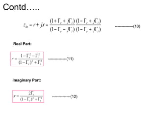 Contd…..
)1(
)1(
)1(
)1(
ir
ir
ir
ir
in
j
j
j
j
jxrz
Γ+Γ−
Γ+Γ−
Γ−Γ−
Γ+Γ+
=+= --------------(10)
Real Part:
--------------(11)
--------------(12)
Imaginary Part:
 