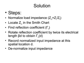 Solution
• Steps:
• Normalize load impedance (ZLn=ZL/Z0)
• Locate ZLn in the Smith Chart
• Find reflection coefficient (Γo)
• Rotate reflection coefficient by twice its electrical
length βd to obtain Γin(d)
• Record normalized input impedance at this
spatial location d.
• De-normalize input impedance
 