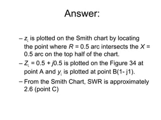 Answer:
– zL is plotted on the Smith chart by locating
the point where R = 0.5 arc intersects the X =
0.5 arc on the top half of the chart.
– ZL = 0.5 + j0.5 is plotted on the Figure 34 at
point A and yL is plotted at point B(1- j1).
– From the Smith Chart, SWR is approximately
2.6 (point C)
 