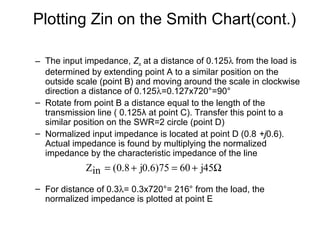 – The input impedance, Zin at a distance of 0.125λ from the load is
determined by extending point A to a similar position on the
outside scale (point B) and moving around the scale in clockwise
direction a distance of 0.125λ=0.127x720°=90°
– Rotate from point B a distance equal to the length of the
transmission line ( 0.125λ at point C). Transfer this point to a
similar position on the SWR=2 circle (point D)
– Normalized input impedance is located at point D (0.8 +j0.6).
Actual impedance is found by multiplying the normalized
impedance by the characteristic impedance of the line
– For distance of 0.3λ= 0.3x720°= 216° from the load, the
normalized impedance is plotted at point E
Plotting Zin on the Smith Chart(cont.)
Ω+=+= 45j6075)6.0j8.0(inZ
 