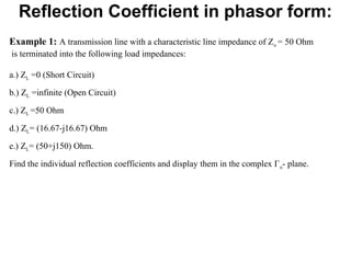 Reflection Coefficient in phasor form:
Example 1: A transmission line with a characteristic line impedance of Zo = 50 Ohm
is terminated into the following load impedances:
a.) ZL =0 (Short Circuit)
b.) ZL =infinite (Open Circuit)
c.) ZL =50 Ohm
d.) ZL= (16.67-j16.67) Ohm
e.) ZL= (50+j150) Ohm.
Find the individual reflection coefficients and display them in the complex Γo- plane.
 