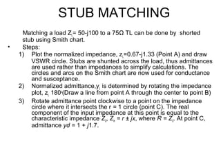 STUB MATCHING
Matching a load ZL= 50-j100 to a 75Ω TL can be done by shorted
stub using Smith chart.
• Steps:
1) Plot the normalized impedance, zL=0.67-j1.33 (Point A) and draw
VSWR circle. Stubs are shunted across the load, thus admittances
are used rather than impedances to simplify calculations. The
circles and arcs on the Smith chart are now used for conductance
and susceptance.
2) Normalized admittance,yL is determined by rotating the impedance
plot, zL 180o
(Draw a line from point A through the center to point B)
3) Rotate admittance point clockwise to a point on the impedance
circle where it intersects the r = 1 circle (point C). The real
component of the input impedance at this point is equal to the
characteristic impedance Z0, Zin = r ± jx, where R = Z0. At point C,
admittance yd = 1 + j1.7.
 