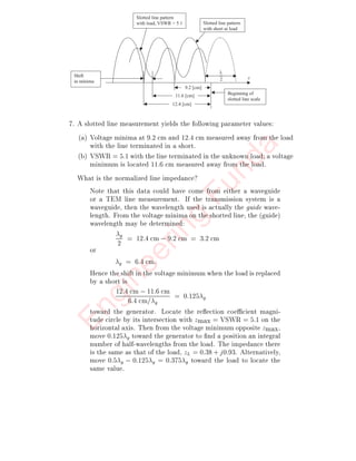 rst read 0:217 on the wave-
lengths toward generator scale. Then add 2.5 cm/10
cm = 0:25 to this value to obtain 0:467 on the wave-
lengths toward generator scale. A radial line from
the center at this point intersects the constant re
ection co-
ecient magnitude circle at z = 0:43 ; j0:17, so Z = zZ0 =
50(0:43 + j0:17) = 21:5 ;j8:5
.
(c) What is the VSWR on the line?
From the intersection of the re
ection coecient circle and
the horizontal axis on the right hand side of the chart, read
VSWR = 2.4. Or use the SWR scale below the chart.
E
n
g
i
n
e
e
r
i
n
g
F
u
n
d
a
 