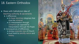 18. Eastern Orthodox
 Share with Catholicism idea of
teaching authority & sacraments
 2 differences:
(1) fewer doctrines (dogmas) that
must be universal
(2) interpretation through
consensus (as opposed to
interpretation through the Pope)
 Consequences of differences:
strong corporate view of Church
must work to sanctify nature and
history
 