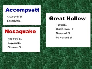 Accompsett Accompsett El. Smithtown El. Nesaquake Mills Pond El. Dogwood El. St. James El. Great Hollow Tackan El. Branch Brook El. Nesconset El. Mt. Pleasant El. 