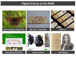 Citizen science
Big, open, linked dataHigh-throughput digitisation
Data portal and tools Text mining
Robotics
Digital Science at the NHM
 