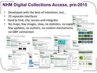 NHM Digital Collections Access, pre-2015
• Developed with the best of intentions, but…
• 23 separate interfaces
• Hard to ...