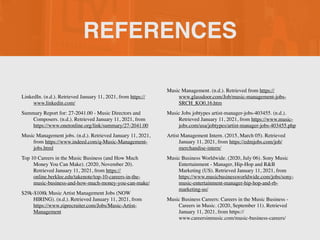 REFERENCES
LinkedIn. (n.d.). Retrieved January 11, 2021, from https://
www.linkedin.com/
Summary Report for: 27-2041.00 - Music Directors and
Composers. (n.d.). Retrieved January 11, 2021, from
https://www.onetonline.org/link/summary/27-2041.00
Music Management jobs. (n.d.). Retrieved January 11, 2021,
from https://www.indeed.com/q-Music-Management-
jobs.html
Top 10 Careers in the Music Business (and How Much
Money You Can Make). (2020, November 20).
Retrieved January 11, 2021, from https://
online.berklee.edu/takenote/top-10-careers-in-the-
music-business-and-how-much-money-you-can-make/
$29k-$108k Music Artist Management Jobs (NOW
HIRING). (n.d.). Retrieved January 11, 2021, from
https://www.ziprecruiter.com/Jobs/Music-Artist-
Management
Music Management. (n.d.). Retrieved from https://
www.glassdoor.com/Job/music-management-jobs-
SRCH_KO0,16.htm
Music Jobs jobtypes artist-manager-jobs-403455. (n.d.).
Retrieved January 11, 2021, from https://www.music-
jobs.com/usa/jobtypes/artist-manager-jobs-403455.php
Artist Management Intern. (2015, March 05). Retrieved
January 11, 2021, from https://edmjobs.com/job/
merchandise-intern/
Music Business Worldwide. (2020, July 06). Sony Music
Entertainment - Manager, Hip-Hop and R&B
Marketing (US). Retrieved January 11, 2021, from
https://www.musicbusinessworldwide.com/jobs/sony-
music-entertainment-manager-hip-hop-and-rb-
marketing-us/
Music Business Careers: Careers in the Music Business -
Careers in Music. (2020, September 11). Retrieved
January 11, 2021, from https://
www.careersinmusic.com/music-business-careers/
 