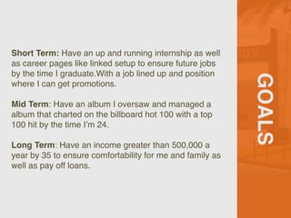 GOALS
Short Term: Have an up and running internship as well
as career pages like linked setup to ensure future jobs
by the time I graduate.With a job lined up and position
where I can get promotions.
Mid Term: Have an album I oversaw and managed a
album that charted on the billboard hot 100 with a top
100 hit by the time I’m 24.
Long Term: Have an income greater than 500,000 a
year by 35 to ensure comfortability for me and family as
well as pay off loans.
 