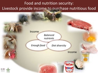 Food and nutrition security:
Livestock provide income to purchase nutritious food
Income
Income
Enough food
Balanced
nutri...