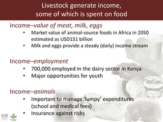Livestock generate income,
some of which is spent on food
Income–value of meat, milk, eggs
• Market value of animal-source foods in Africa in 2050
estimated as USD151 billion
• Milk and eggs provide a steady (daily) income stream
Income–employment
• 700,000 employed in the dairy sector in Kenya
• Major opportunities for youth
Income–animals
• Important to manage ‘lumpy’ expenditures
(school and medical fees)
• Insurance against risks
 