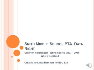 SMITH MIDDLE SCHOOL PTA DATA 
NIGHT 
Criterion Referenced Testing Scores 2007 – 2011 
Where we Stand 
Created by Linda Barnhart for EDU 525 
 