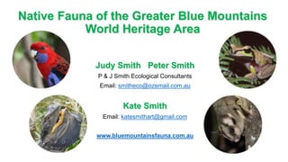 Native Fauna of the Greater Blue Mountains
World Heritage Area
Judy Smith Peter Smith
P & J Smith Ecological Consultants
Email: smitheco@ozemail.com.au
Kate Smith
Email: katesmithart@gmail.com
www.bluemountainsfauna.com.au
 