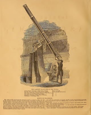 THE LARGEST TELESCOPES IN THE WORLD
Lord Rosse's Telescope, at Birr Castle, Ireland, 56 feetin length.
Silt Win. Hersohei/s do. at Greenwich, London, 40 do. in length (not in use )
The Dorpat Telescope, at Dorpat (Russia,) Prof. Striate, 16 "
Sir James South 's Telescope at London, 19 "
Cincinnati Telescope, (Ohio,) Prof. Mitchel, 17 "
Telescope at Cambridge, Mass 23
HINTS TO TEACHERS.
The author would recommend that whenever a lesson is, given to a class, that the
teacher call their particular attention to the illustration, and explain, if necessary, the
diagrams relating to the lesson given, at the same time questioning the whole class
upon the subject; and inviting any pupil who does not fully understand the subject to
ask any questions relating to it he may think proper. This will prepare the pupil, when
he is studying his lesson, to have a right conception of what he is learning. It is not
expected by the author that the teacher will confine himself solely to the que** ;
ons
given in the book ; but that he will ask many which may occur to him at that time, ana
which n ay lead the pupil off from the routine of the book, and induce him to apply the
principles wliich he is endeavoring to acquire
He would also particularly recommend, that the teacher when hearing a recitation,
change the question or put it in a different form, in all cases where it will admit ot it.
For example , ,
What is the attraction, by which all particles of matter tend toward each other.
called 1 The attraction of gravitation. . „ . . ,
What is the attraction of gravitation 1 It is that attraction by which all particles ot
mattpr tend toward each other.
What is the point in the heavens directly over our heads called 1 Ihe zenitn.
What is .he zenith 1 It is that point in the heavens directly over our neaas.
 