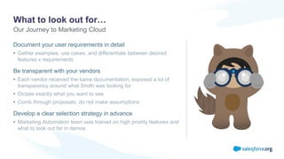 What to look out for…
Document your user requirements in detail
• Gather examples, use cases, and differentiate between desired
features v requirements
Be transparent with your vendors
• Each vendor received the same documentation; exposed a lot of
transparency around what Smith was looking for
• Dictate exactly what you want to see
• Comb through proposals; do not make assumptions
Develop a clear selection strategy in advance
• Marketing Automation team was trained on high priority features and
what to look out for in demos
Our Journey to Marketing Cloud
 