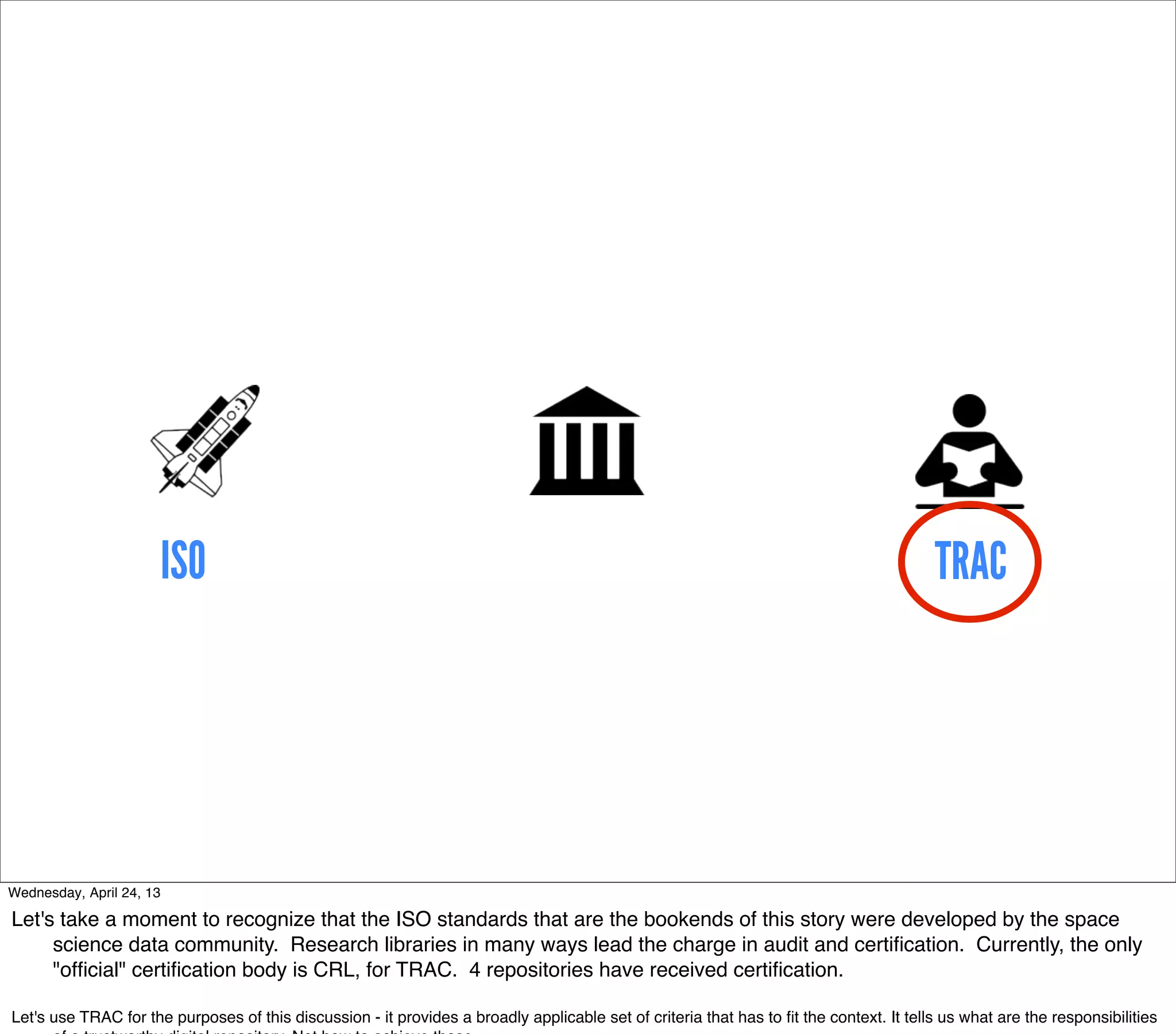 ISO                                                                                                                TRAC




Wednesday, April 24, 13

Let's take a moment to recognize that the ISO standards that are the bookends of this story were developed by the space
     science data community. Research libraries in many ways lead the charge in audit and certiﬁcation. Currently, the only
     "ofﬁcial" certiﬁcation body is CRL, for TRAC. 4 repositories have received certiﬁcation.

Let's use TRAC for the purposes of this discussion - it provides a broadly applicable set of criteria that has to ﬁt the context. It tells us what are the responsibilities
 