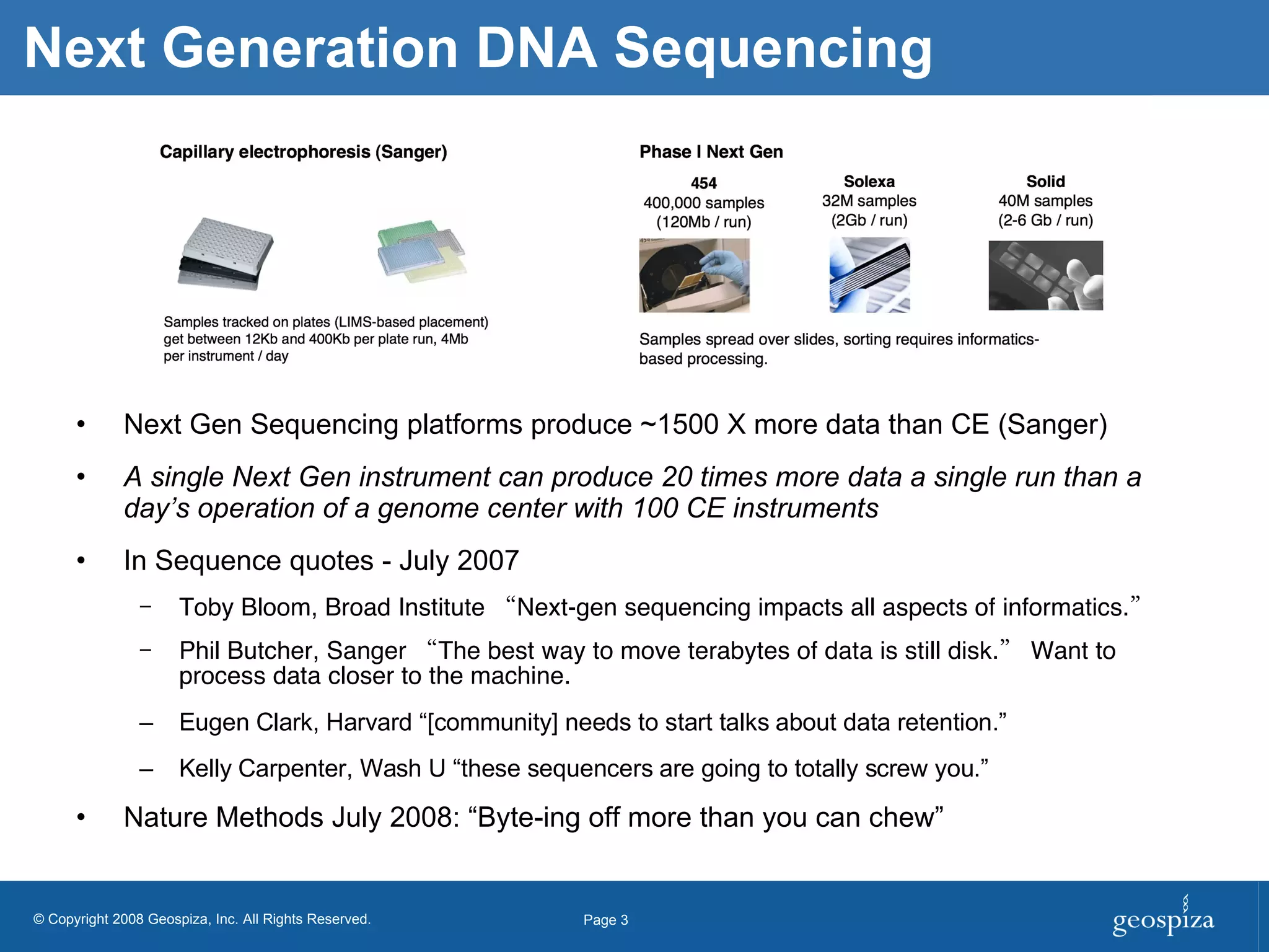 Next Generation DNA Sequencing Next Gen Sequencing platforms produce ~1500 X more data than CE (Sanger) A single Next Gen instrument can produce 20 times more data a single run than a day’s operation of a genome center with 100 CE instruments In Sequence quotes - July 2007 Toby Bloom, Broad Institute “Next-gen sequencing  i mpacts all aspects of informatics.” Phil Butcher, Sanger  “ T he best way to move terabytes of data is still disk.”  Want to process data closer to the machine. Eugen Clark, Harvard “[community] needs to start talks about data retention.” Kelly Carpenter, Wash U “these sequencers are going to totally screw you.” Nature Methods July 2008: “Byte-ing off more than you can chew” 