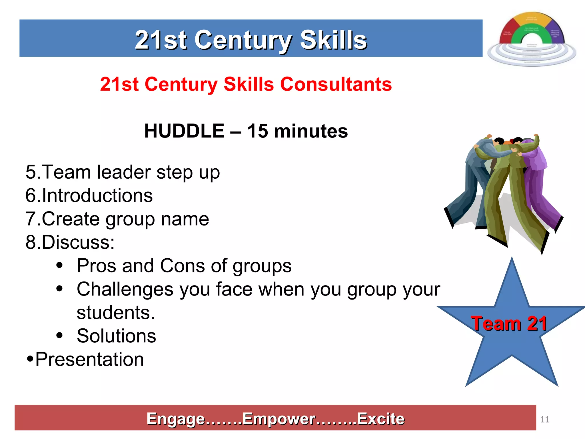 Engage…….Empower……..Excite 21st Century Skills 21st Century Skills Consultants HUDDLE – 15 minutes Team leader step up Introductions Create group name Discuss: Pros and Cons of groups Challenges you face when you group your students. Solutions Presentation  Team 21 