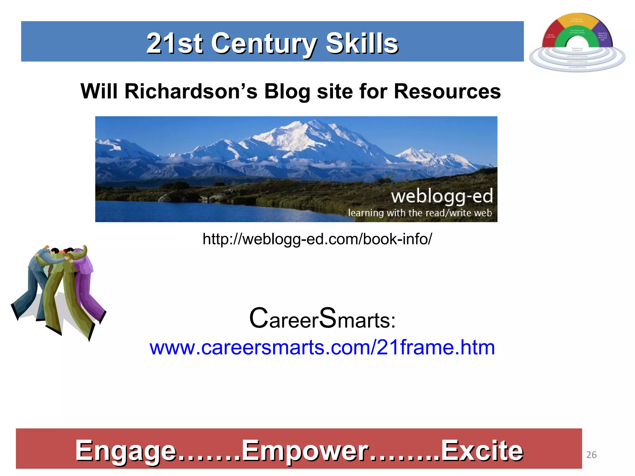 Engage…….Empower……..Excite 21st Century Skills http://weblogg-ed.com/book-info/ Will Richardson’s Blog site for Resources C areer S marts:  www.careersmarts.com/21frame.htm   