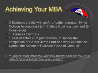 Achieving Your MBA
 3 Business credits with an A- or better average (B+ for
College Accounting I & II, College Business Law and E-
Commerce)
 1 Business Olympics
 1 Year of active club participation, or successful
completion of Career Jump Start and work experience
 Uphold the School of Business Code of Conduct
 ** Students must attend the Business Etiquette dinner on May 5th in
order to be inducted into the Honor Society **
 