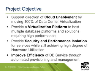 Project Objective
 Support direction of Cloud Enablement by
moving 100% of Data Center Virtualization
 Provide a Virtual...