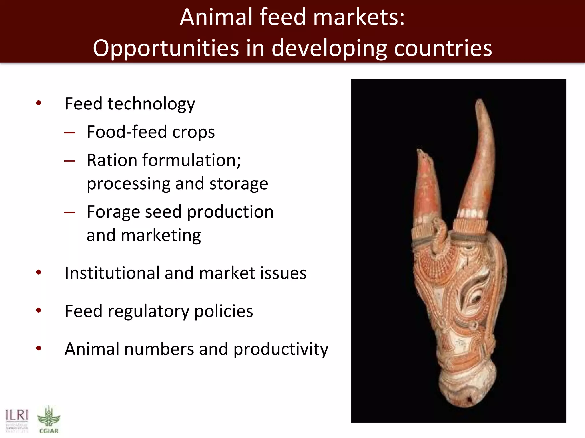 Animal feed markets:
Opportunities in developing countries
•

Feed technology
– Food-feed crops
– Ration formulation;
processing and storage
– Forage seed production
and marketing

•

Institutional and market issues

•

Feed regulatory policies

•

Animal numbers and productivity

 