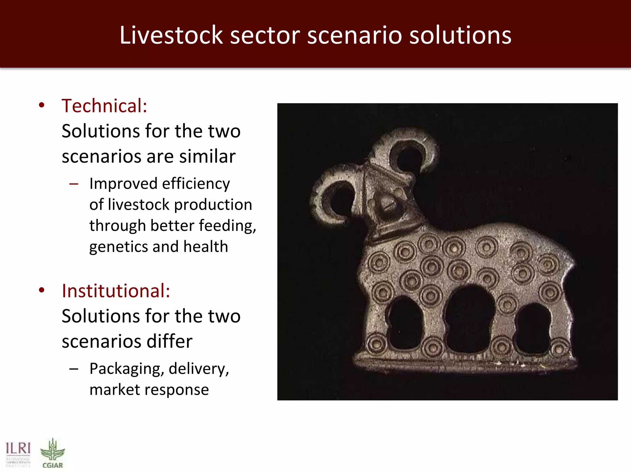 Livestock sector scenario solutions
• Technical:
Solutions for the two
scenarios are similar
– Improved efficiency
of livestock production
through better feeding,
genetics and health

• Institutional:
Solutions for the two
scenarios differ
– Packaging, delivery,
market response

 