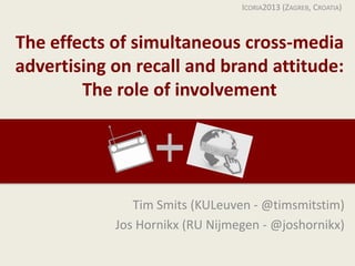 The effects of simultaneous cross-media
advertising on recall and brand attitude:
The role of involvement
Tim Smits (KULeuven - @timsmitstim)
Jos Hornikx (RU Nijmegen - @joshornikx)
ICORIA2013 (ZAGREB, CROATIA)
 